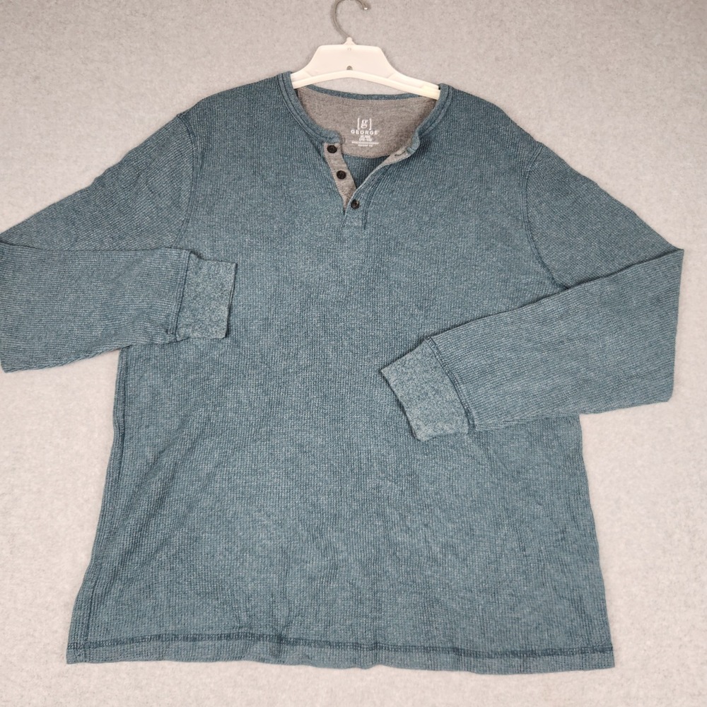 George Henley T Shirt Mens XL Green Waffle Knit Thermal Textured Long Sleeve